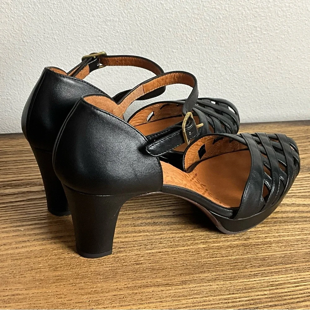 Chie Mihara Black Leather Woven Ankle-Strap Heels